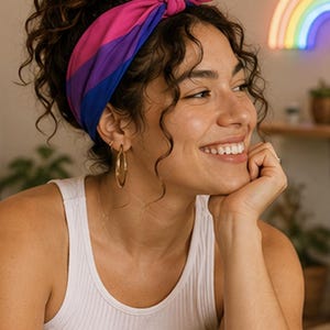 May include: A pink, purple, and blue headband tied in a knot. The headband is worn by a person with curly brown hair. The person is wearing gold hoop earrings and a white tank top. A neon rainbow is in the background.