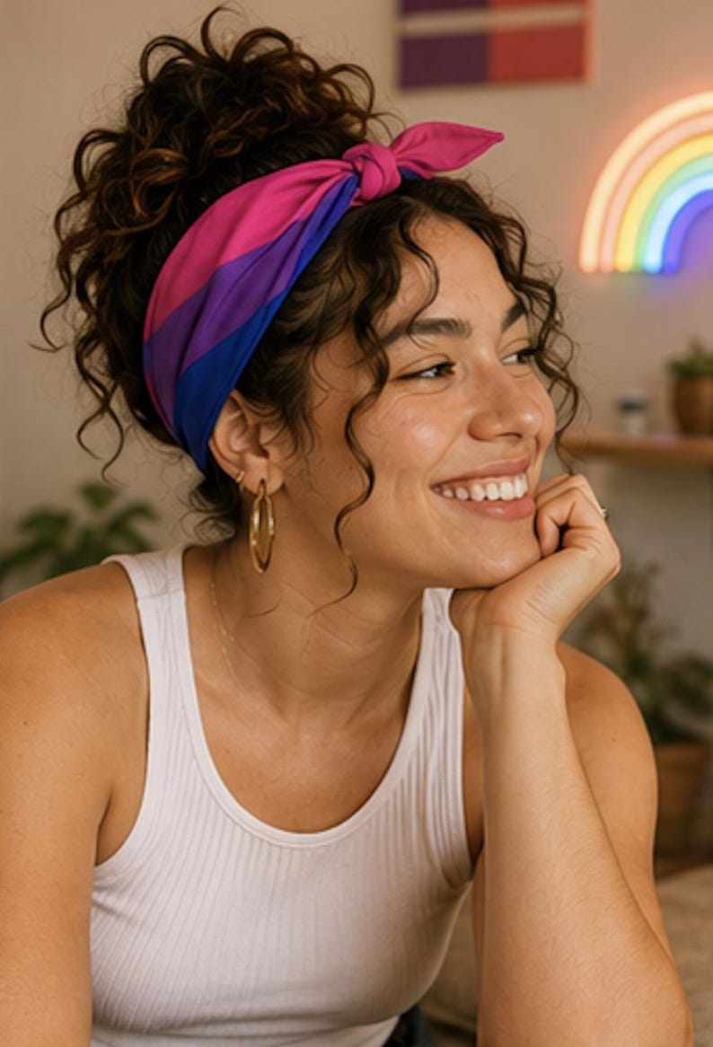 May include: A pink, purple, and blue headband tied in a knot. The headband is worn by a person with curly brown hair. The person is wearing gold hoop earrings and a white tank top. A neon rainbow is in the background.