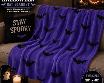 Purple Bat Halloween Blanket, Spooky Plush Throw, Gothic Home Decor