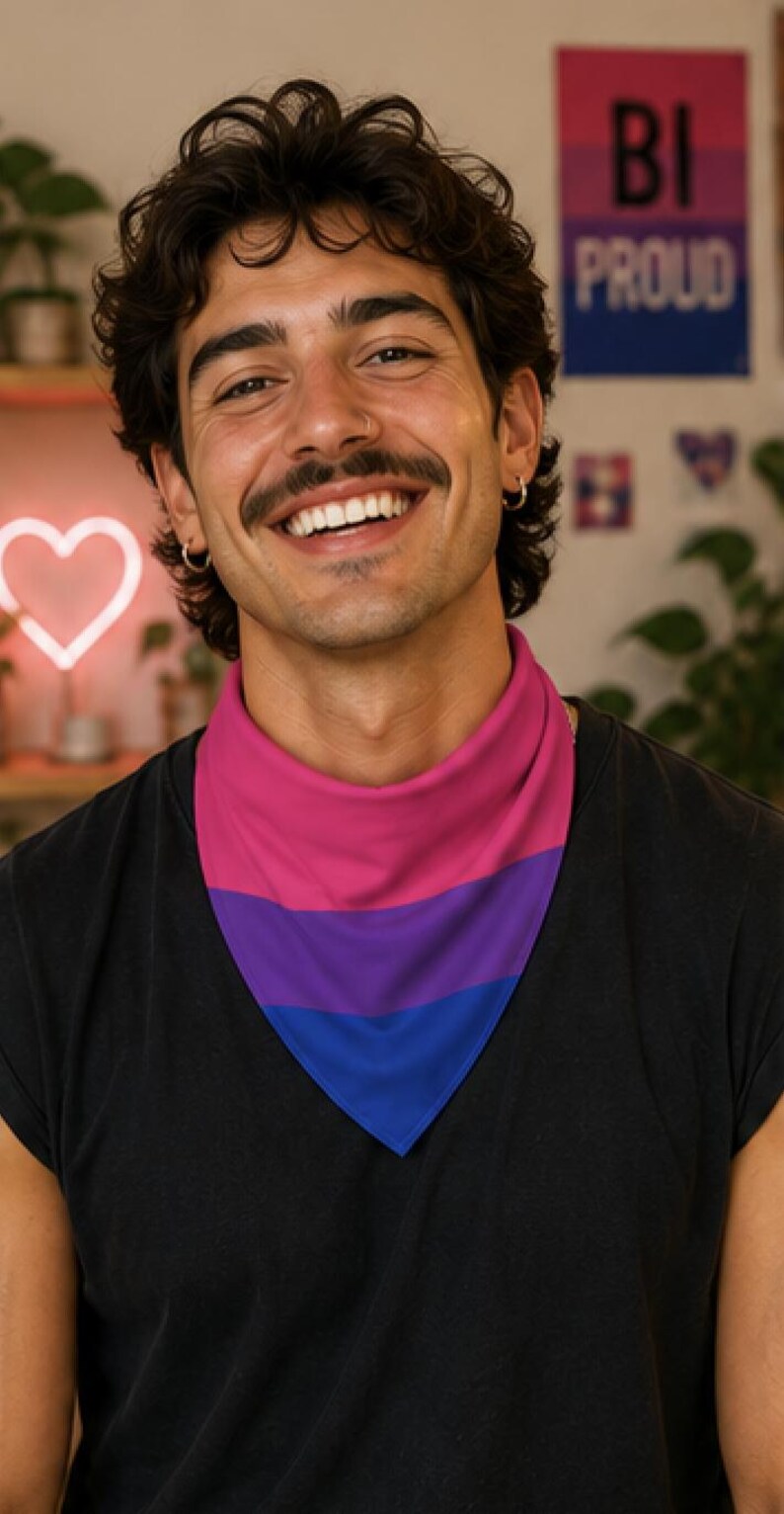 May include: A triangular bandana in the colors of the bisexual pride flag: pink, purple, and blue. The bandana is worn around the neck. The person in the image is wearing a black t-shirt. A sign that says "BI PROUD" is in the background.