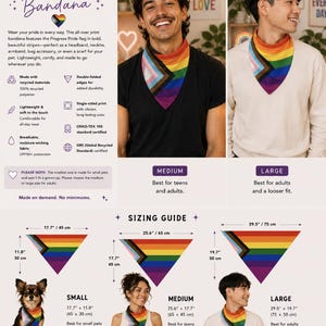 Könnte beinhalten: Pride-Bandana mit dem Progress Pride-Flaggen-Design. Größen: klein (45 cm x 30 cm), mittel (65 cm x 45 cm) und groß (75 cm x 50 cm). Hergestellt aus recyceltem Polyester. Geeignet als Stirnband, Halstuch oder Accessoire.