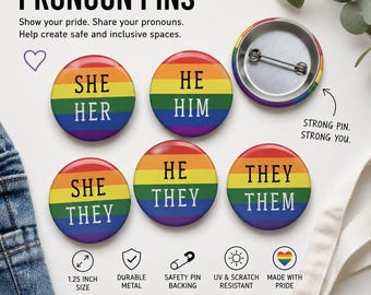 Pronoun Pin Button, LGBTQ+ Pride Pronoun Badge | She/Her, He/Him, They/Them, She/They, He/They