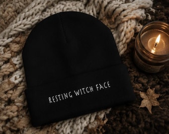 Resting Witch Face Embroidered Beanie | Spooky Season Knitted Hat | Halloween Witch Hat | Gothic Fall Beanie | Witchy Gift for Her
