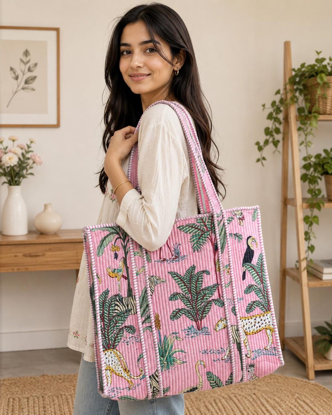 Handmade Quilted Cotton Tote Bag – Pink Jungle Print, Eco Friendly ...