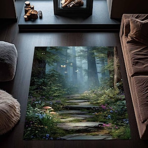 May include: A rectangular area rug featuring a forest scene with a stone path leading into the distance. The rug displays tall trees, lush greenery, and colorful flowers. Butterflies flutter in the air, adding a whimsical touch to the design.