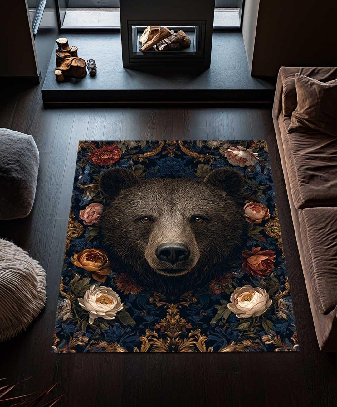 Rustic Bear Rugs Grizzly Bear Floral Rug, Rustic Lodge Area Carpet, Dark Botanical ...