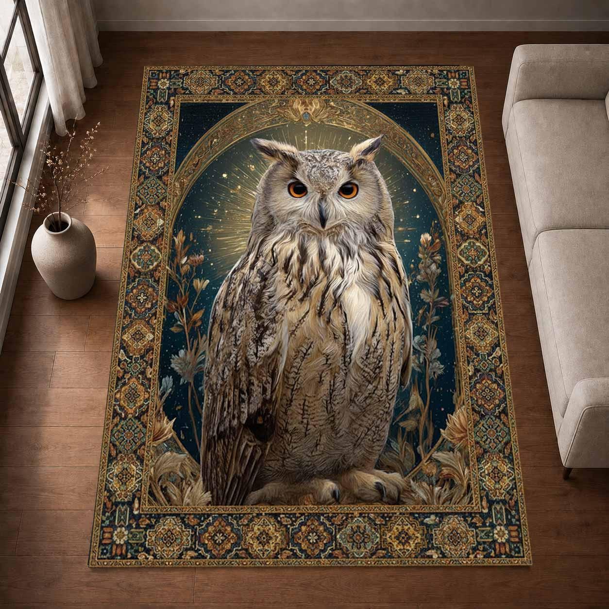 Ornate Owl Portrait Rug, Dark Teal Botanical Carpet with Gold Vintage Arch, Moody Victorian Area Rug