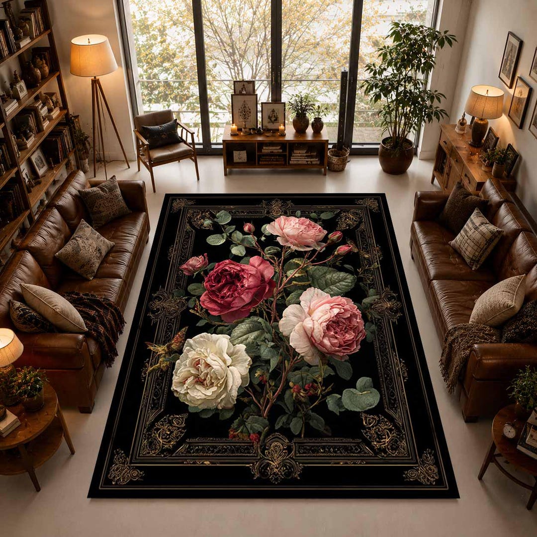 Gothic Black Rose Area Rug Vintage Floral Oriental Carpet Washable Non ...