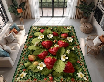 Strawberry Area Rug, Vintage Cottagecore Kitchen Carpet, Washable Non Slip Farmhouse Decor