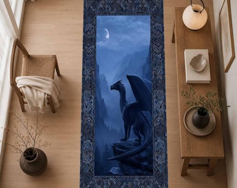 Tapete corredor Dragão Celestial, Tapete para corredor Montanha ao Luar, Decoração Mística Gótica para Casa