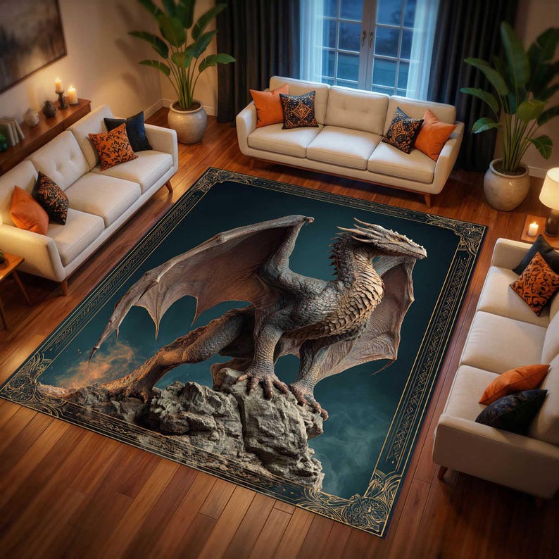Gothic Dragon Area Rug, Dark Academia Fantasy Floor Mat, Moon Castle ...