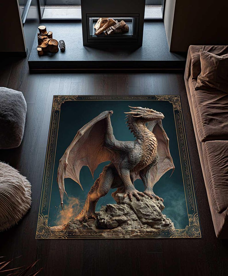 Dragor Rug Gothic Dragon Area Rug, Dark Academia Fantasy Floor Mat, Moon Castle ...