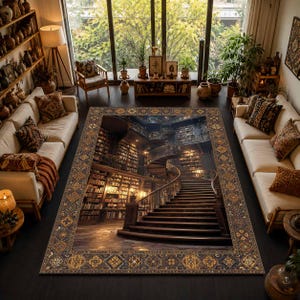May include: A rectangular area rug featuring a detailed, high-resolution print of a multi-story library interior with a grand wooden staircase and floor-to-ceiling bookshelves, framed by a decorative border with intricate geometric patterns.