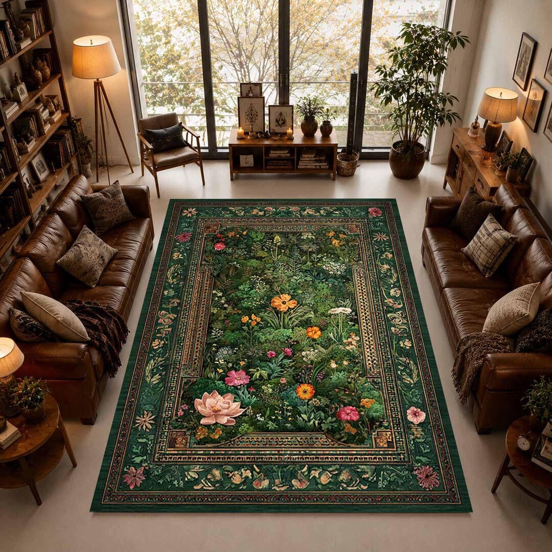 Forest Moss Botanical Area Rug, Cottagecore Floral Carpet, Nature ...