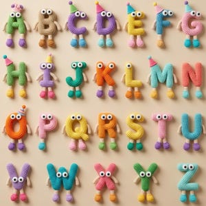 May include: A collection of colorful, crocheted alphabet letters, each with googly eyes, arms, legs, and a party hat. The letters are in various colors, including green, purple, yellow, and orange, and are arranged in rows on a light beige background.