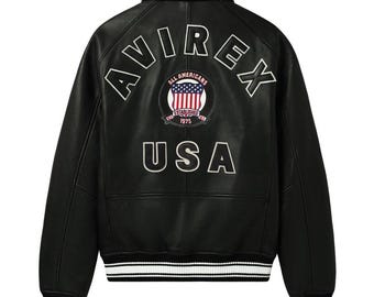 Black Leather Avirex USA Bomber Jacket – Vintage Varsity Streetwear Coat
