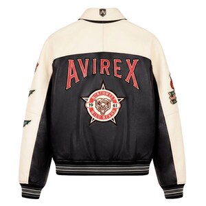 Avirex Leather Jacket Vintage Mens Cowhide Varsity Bomber Racing Black Cream Patches Coat Outerwear