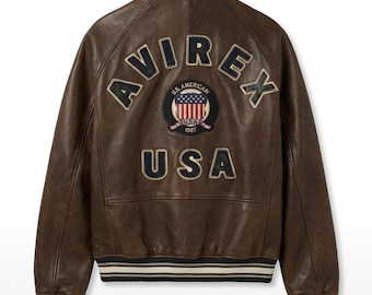 Blouson aviateur Avirex USA en cuir marron - Manteau streetwear universitaire vintage