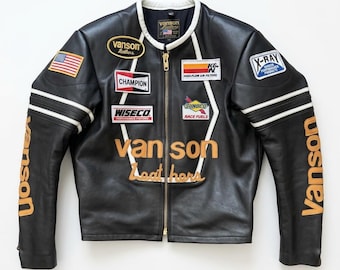 Blouson de course moto Vanson Leathers : cuir de vachette noir jaune style motard