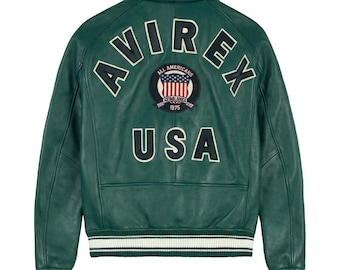 Blouson aviateur en cuir vert Avirex USA - Manteau streetwear universitaire vintage