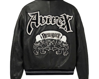 Zwart leren varsityjack in Avirex-stijl met New York Patch Bomber Streetwear-jas