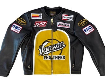 Blouson moto de course Vanson, cuir de vachette véritable, veste motard noire et jaune avec empiècements