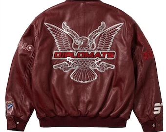 Blouson aviateur en cuir bordeaux Diplomats, manteau universitaire hip hop de style vintage
