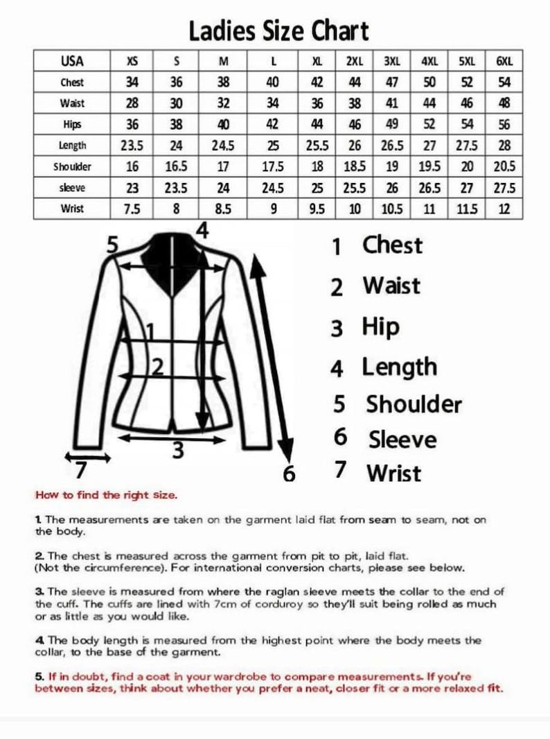 May include: A size chart for ladies' clothing, with measurements in inches for chest, waist, hips, length, shoulder, sleeve, and wrist. Includes a diagram of a jacket with numbered measurement points and instructions on how to measure.
