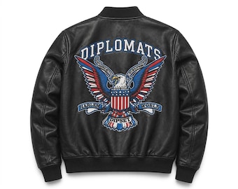 Blouson aviateur Diplomats en cuir de mouton, manteau Harlem World streetwear hiphop à dos aigle