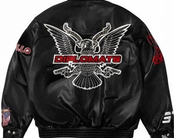 Blouson aviateur aviateur en cuir brodé aigle Harlem Diplomats de style universitaire