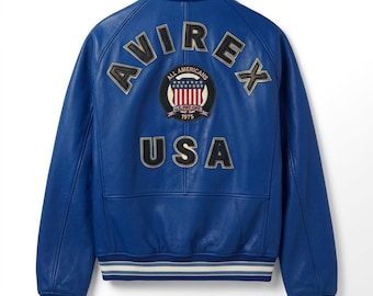 Blue Leather Avirex USA Bomber Jacket – Vintage Varsity Streetwear Coat