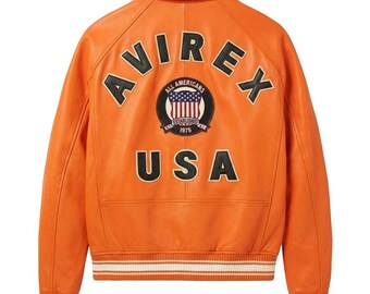 Orange Leather Avirex USA Bomber Jacket – Vintage Varsity Streetwear Coat