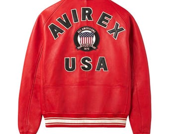 Red Leather Avirex USA Bomber Jacket – Vintage Varsity Streetwear Coat