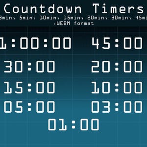 Może przedstawiać: Cyfrowy wyświetlacz zatytułowany Countdown Timers w formacie .WEBM, zawierający listę czasów trwania, w tym 1min, 3min, 5min, 10min, 15min, 20min, 30min, 45min i 1hr. Biały tekst znajduje się na ciemnoniebieskim tle w kratkę.