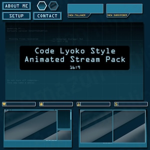 Puede incluir: Un diseño de superposición digital con una estética futurista, verde azulado y negra. El diseño incluye el texto "Code Lyoko Style Animated Stream Pack" y varios elementos interactivos como botones "About Me" y "Contact", y notificaciones de seguidores/suscriptores.