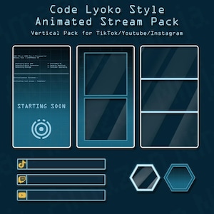 Puede incluir: Un paquete de stream animado estilo Code Lyoko, diseñado para plataformas verticales como TikTok, YouTube e Instagram. Presenta un diseño en azul y blanco. El texto "STARTING SOON" es visible en uno de los paneles.