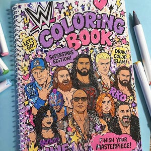 May include: A spiral-bound WWE coloring book with a colorful cover featuring various wrestlers. The cover includes the WWE logo, the words "COLORING BOOK," and phrases like "SUPERSTARS EDITION!" and "FINISH YOUR MASTERPIECE!" Several markers are visible.