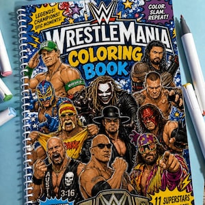 May include: A spiral-bound WWE WrestleMania coloring book featuring illustrations of professional wrestlers including John Cena, The Rock, and The Undertaker. The cover has blue, yellow, and black graphics with the text "WrestleMania Coloring Book."