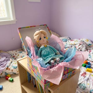 Puede incluir: Una mu&ntilde;eca de peluche con cabello rubio, un vestido azul y zapatos plateados se encuentra dentro de una caja decorativa llena de papel de seda rosa y azul. La caja est&aacute; colocada en una estanter&iacute;a de madera en un dormitorio.