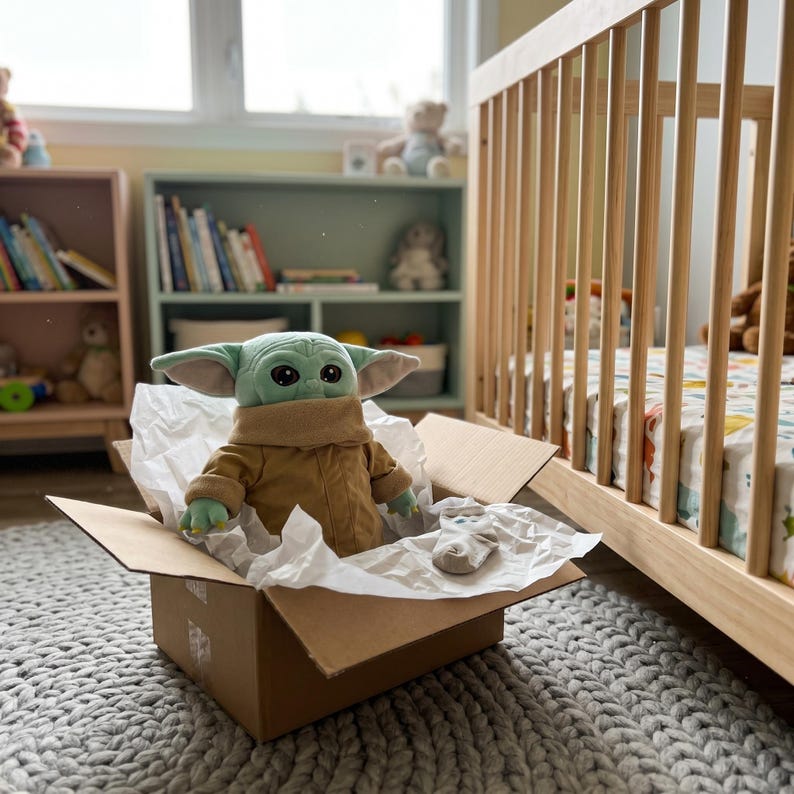 May include: A plush Grogu doll, also known as Baby Yoda, sits in an open cardboard box with white tissue paper. The doll is wearing a tan coat and has large black eyes and green skin. A pair of small socks is also in the box. The scene is set in a nursery.