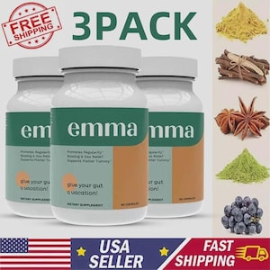 May include: Three white supplement bottles with green and orange labels. The labels read "emma" and "give your gut a vacation!" with text about bloating and gas relief. The image includes the text "3 PACK", "USA SELLER", and "FAST SHIPPING".