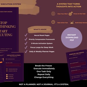 Peut inclure: Un produit numérique à télécharger avec un thème violet foncé. La couverture indique « STOP OVERTHINKING START EXECUTING ». Du texte supplémentaire comprend « TÉLÉCHARGEMENT INSTANTANÉ PDF » et des puces énumérant des fonctionnalités telles que « Pages de réinitialisation neuronale ».