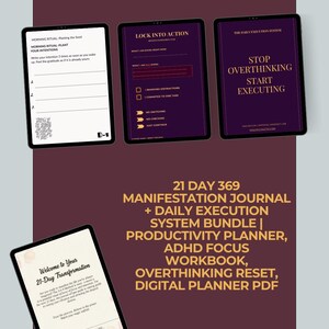 Puede incluir: Un paquete de planificador digital con cuatro pantallas de tableta que muestran páginas tituladas Morning Ritual, Lock Into Action, The Daily Execution System y Welcome to Your 21-Day Transformation, con texto que dice 21 DAY 369 MANIFESTATION JOURNAL.