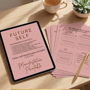 May include: A digital tablet displaying a workbook titled "FUTURE SELF" with the text "Manifestation Printable." Pink worksheets, a gold pen, a cup of tea, and a succulent plant are arranged on a wooden surface. The bottom of the image reads "13 PAGES - INSTANT DOWNLOAD."