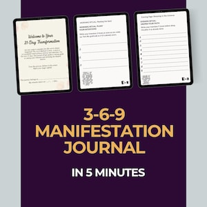 Könnte beinhalten: Ein digitales 3-6-9 Manifestationsjournal in 5 Minuten. Das Journal enthält Aufforderungen für Morgen- und Abendrituale. Das Cover zeigt den Text "Willkommen zu Ihrer 21-Tage-Transformation". Der Hintergrund ist ein tiefes Lila.