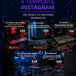 Può includere: Grafica di marketing digitale con il testo "5 TEMPLATE INSTAGRAM" e "PER TECNICI IT E ASSISTENZA INFORMATICA". La grafica include immagini di laptop, router e componenti per computer, con testo in italiano.