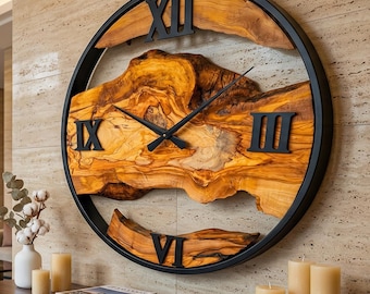 Reloj de pared grande de madera de olivo, marco de metal, decoración de pared rústica moderna.