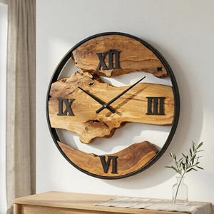 Olive Wood Wall Clock, Metal Frame, Rustic Industrial Farmhouse Decor Gift