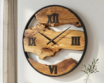Wanduhr aus Olivenholz, Metallrahmen, rustikales Industrie-Landhaus-Dekor, Geschenkidee
