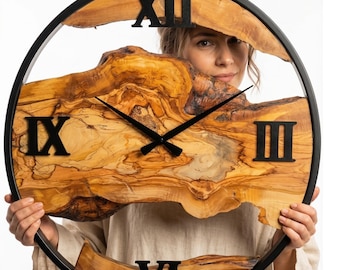 Reloj de pared grande de madera de olivo, marco de metal, arte industrial rústico